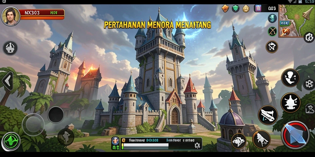 Tampilan gameplay menara pertahanan NX303 yang seru dan dinamis.