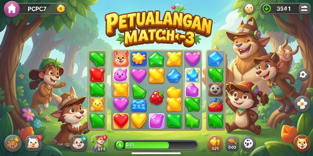 Tampilan gameplay seru di dunia Match-3 yang penuh warna.