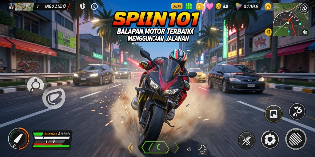 Tampilan gameplay SPIN101 yang penuh aksi di lintasan balap motor.